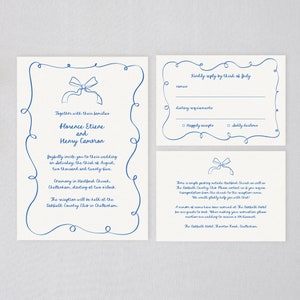 Bow Wedding Invitation Suite, Hand-Drawn Scribble Template, Editable Corjl, Handwritten Whimsical Invite RSVP Details Card, Blue Wavy Border image 1