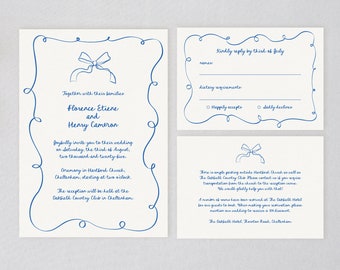 Bow Wedding Invitation Suite, Hand-Drawn Scribble Template, Editable Corjl, Handwritten Whimsical Invite RSVP Details Card, Blue Wavy Border