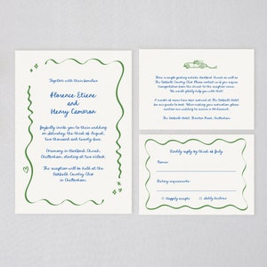 Hand Drawn Wedding Invitation Suite, Editable Corjl, Whimsical Scribble Wedding Template, Handwritten Font, Green Wavy Border Wedding Invite
