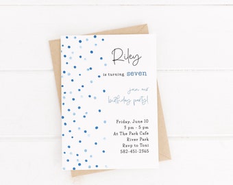Blue Birthday Invitation | Blue Confetti | Invitation For Boys | Minimalist Modern Invite | Printable Template | Editable Instant Download