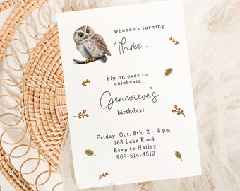 Birthday Invitation Owl | Woodland Animal | Fall Birthday | Minimalistic Forest | Editable Invite | Instant Download | Printable Template