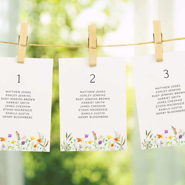 Wildflowers Wedding | Seating Cards | Seating Chart | Digital Download | Editable Template | Corjl | Seating Plan | Printable Card 5x7 | 012