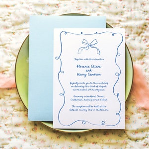 Bow Wedding Invitation Suite, Hand-Drawn Scribble Template, Editable Corjl, Handwritten Whimsical Invite RSVP Details Card, Blue Wavy Border image 5