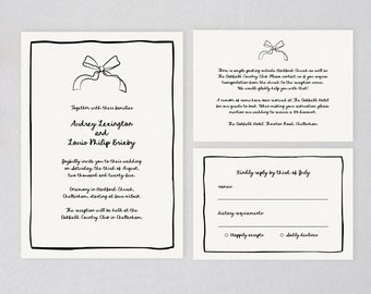 Bow Wedding Invitation Suite, Hand Drawn Wedding Invite, Template Corjl, Handwritten Whimsical RSVP and Detail Card, Black and White Doodles