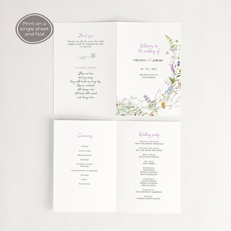 May include: A wedding program with a floral design on the front cover. The program includes the ceremony order and the wedding party list. The text on the front cover reads "Welcome to the wedding of VIRGINIA and JEREMY 06-04-2027 Hartford Church Chelmsford."