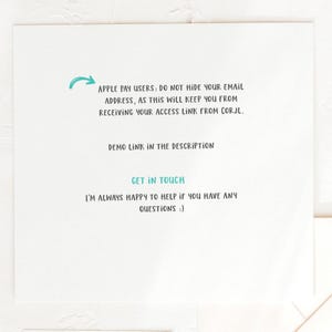 May include: A white card with text in a teal and black font. The text includes instructions for Apple Pay users, a demo link, and a call to get in touch for questions. A teal arrow is also present.