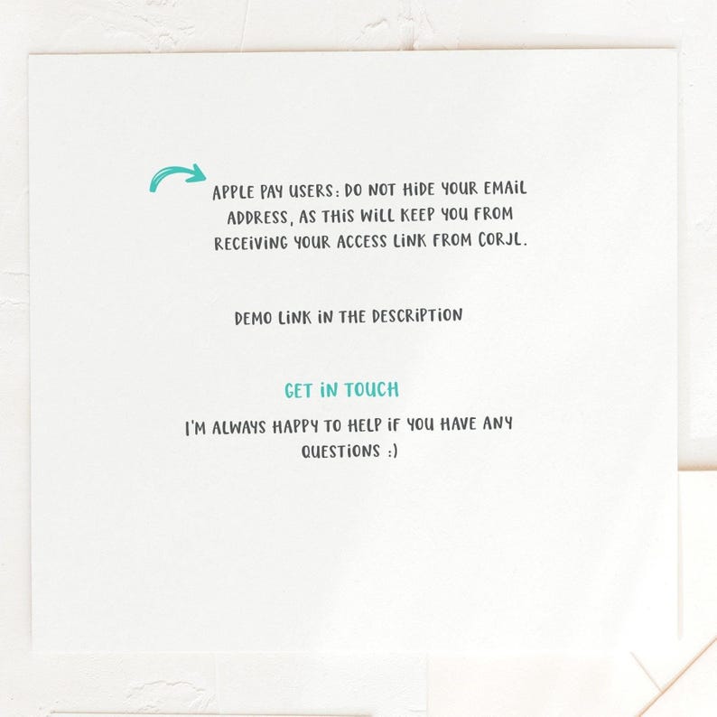 May include: A white card with text in a teal and black font. The text includes instructions for Apple Pay users, a demo link, and a call to get in touch for questions. A teal arrow is also present.