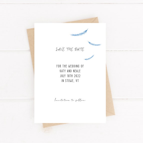 Feather Save the date cards, EDITABLE TEMPLATE, Dusty blue save the date, Minimalist clean style, Printable wedding invitation, DIY, Corjl Il_570xn