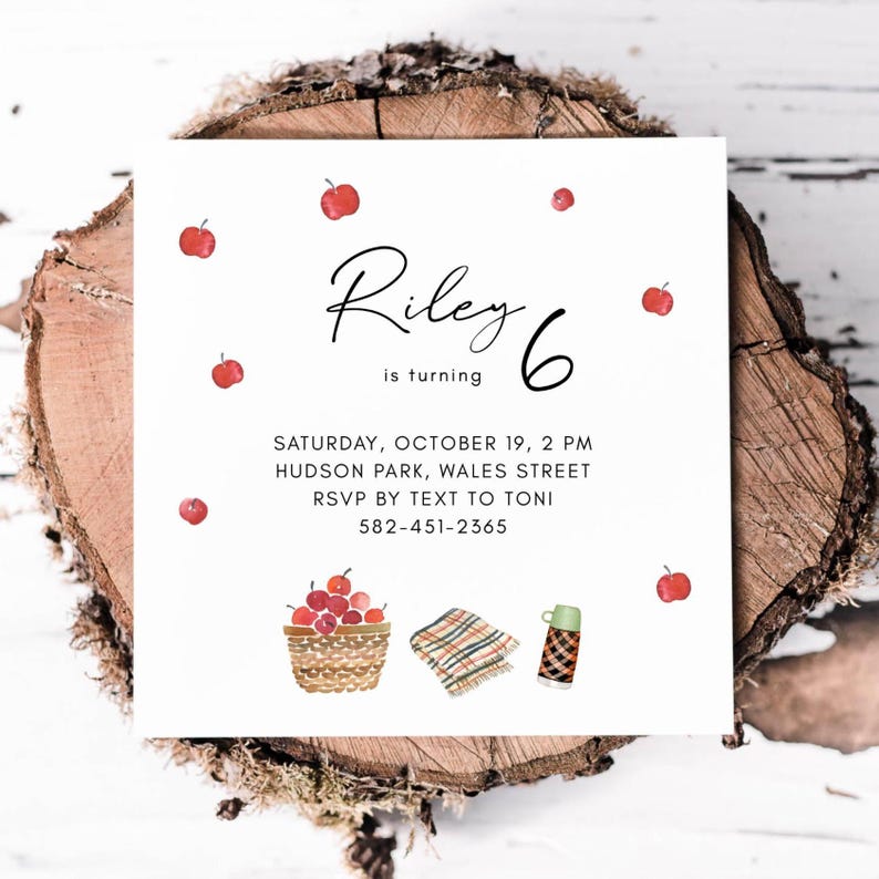 Birthday Invitation with Apples, Fall Invitation Template Autumn Theme, Digital Download, Picnic Apple Picking, Printable Harvest Festival afbeelding 2