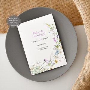 May include: A wedding program template with a floral design. The text reads "Welcome to the wedding of VIRGINIA and JEREMY 06-04-2027 Hartford Church Cheltenham".