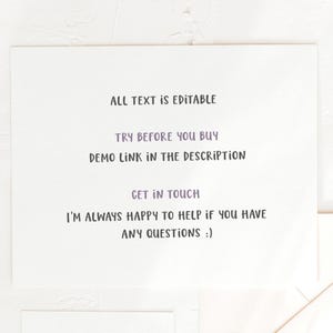 May include: Text on a white background that reads: "ALL TEXT IS EDITABLE", "TRY BEFORE YOU BUY", "DEMO LINK IN THE DESCRIPTION", "GET IN TOUCH", "I'M ALWAYS HAPPY TO HELP IF YOU HAVE ANY QUESTIONS :)"