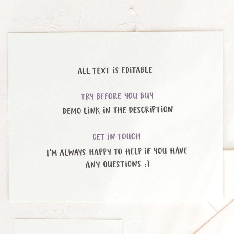 May include: Text on a white background that reads: "ALL TEXT IS EDITABLE", "TRY BEFORE YOU BUY", "DEMO LINK IN THE DESCRIPTION", "GET IN TOUCH", "I'M ALWAYS HAPPY TO HELP IF YOU HAVE ANY QUESTIONS :)"