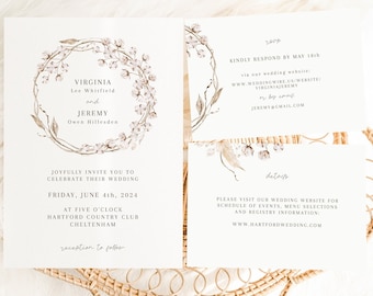 Cotton Flower Wedding Invitation | Set of 3 | White Wreath Invitation | Editable Template | White Boho Florals | Printable Wedding Invite