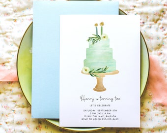Green Birthday Party Invitation, Editable Template Corjl, 2nd Birthday Party, 2 Year Old Invitation, Two Year, Green Cake, Digital Download