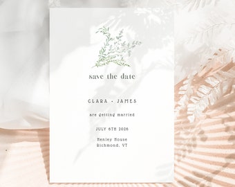 Minimal Save the Date Template, Editable Invite Corjl, Modern Save the Date Card, Simple Greenery Bouquet, Sage Green, Botanical Style, 015