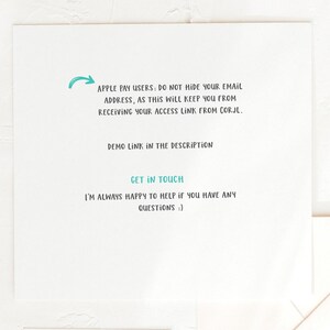 May include: A white card with blue text that says "APPLE PAY USERS: DO NOT HIDE YOUR EMAIL ADDRESS, AS THIS WILL KEEP YOU FROM RECEIVING YOUR ACCESS LINK FROM CORJL. DEMO LINK IN THE DESCRIPTION GET IN TOUCH I'M ALWAYS HAPPY TO HELP IF YOU HAVE ANY QUESTIONS :)"