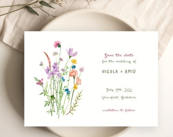 Save The Date Template, Wildflower Save the Date, Editable Template Corjl, Purple Wild Flowers, Greenery Save the Date, Natural Bouquet, 017