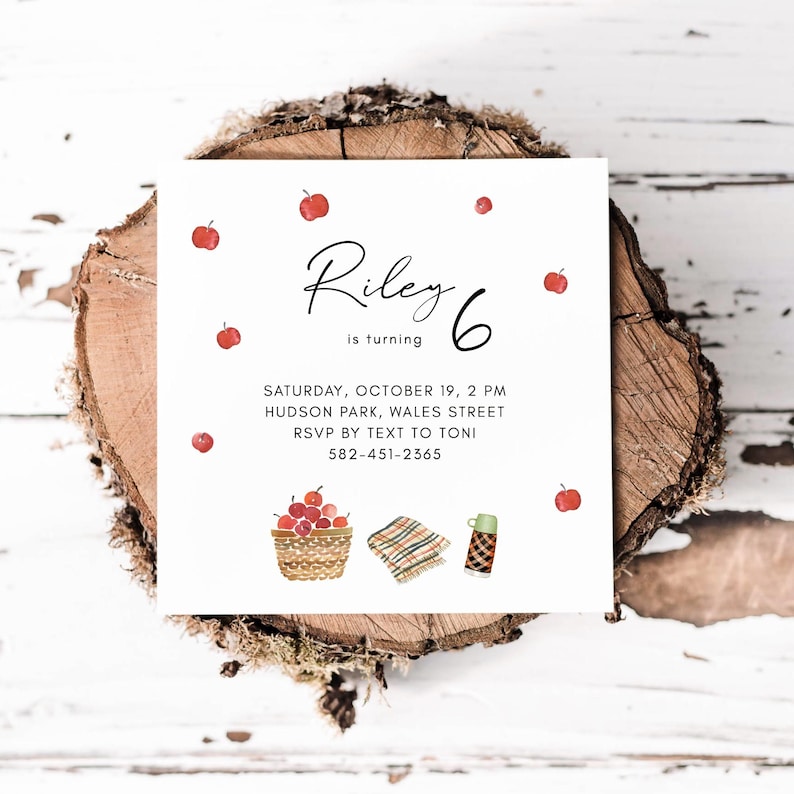 Birthday Invitation with Apples, Fall Invitation Template Autumn Theme, Digital Download, Picnic Apple Picking, Printable Harvest Festival afbeelding 1