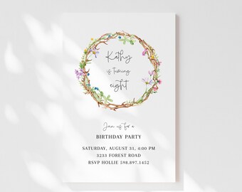 Wildflower wreath | Birthday Invitation Template | 4x6 | Editable w/Corjl | Digital Download | Summer Florals Boho Style | Minimalist Invite