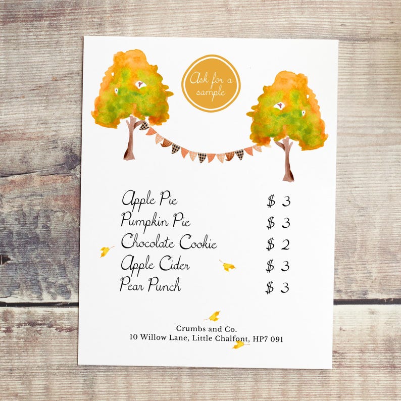 May include: A watercolour menu on white paper shows two trees with orange and green foliage, a banner, and the text "Ask for a sample." Menu items include apple pie, pumpkin pie, and apple cider.