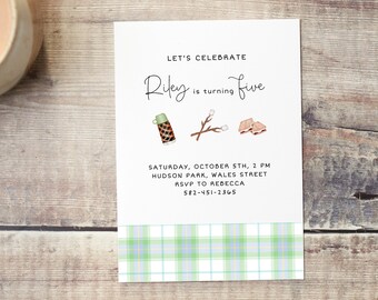 Bonfire Invitation, Campfire Invite, Birthday Party Fall, S'mores Birthday Party Invitations for Boys or Girls, Buffalo Plaid, Camping Party