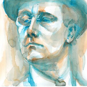 Könnte beinhalten: Ein Aquarellbild einer Person mit einem blauen Hut und einer Brille. Das Bild ist in Blautönen und Brauntönen gehalten.