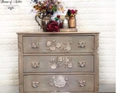 Cream white rose dresser with moulded flowers, anthropologie-like