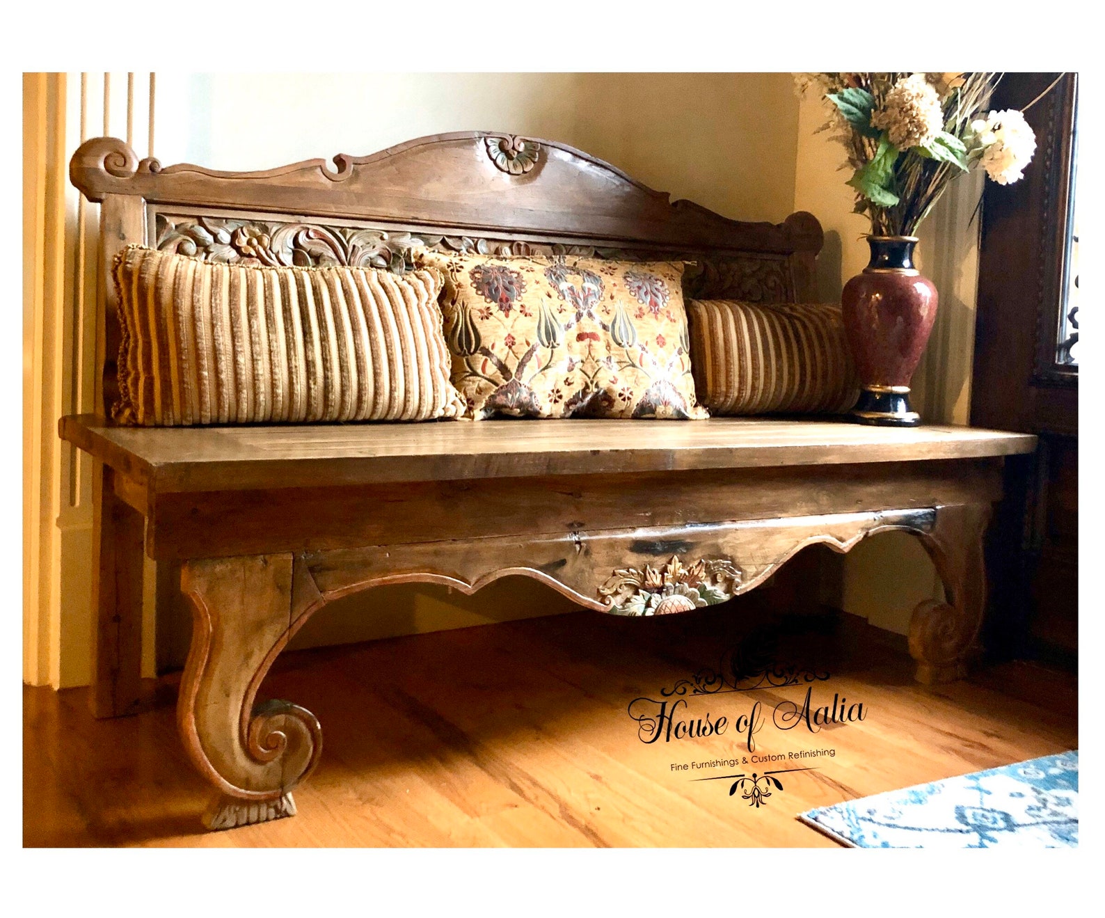 Hand Carved Teak Bench. Ornate Entryway Pew. Wood Loveseat Settee
