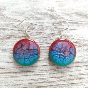 Blue Enamel Earrings | Red Wood Earrings | Handmade Jewelry | Red Circle Earrings | Honeycomb Earrings | Blue Round Earrings