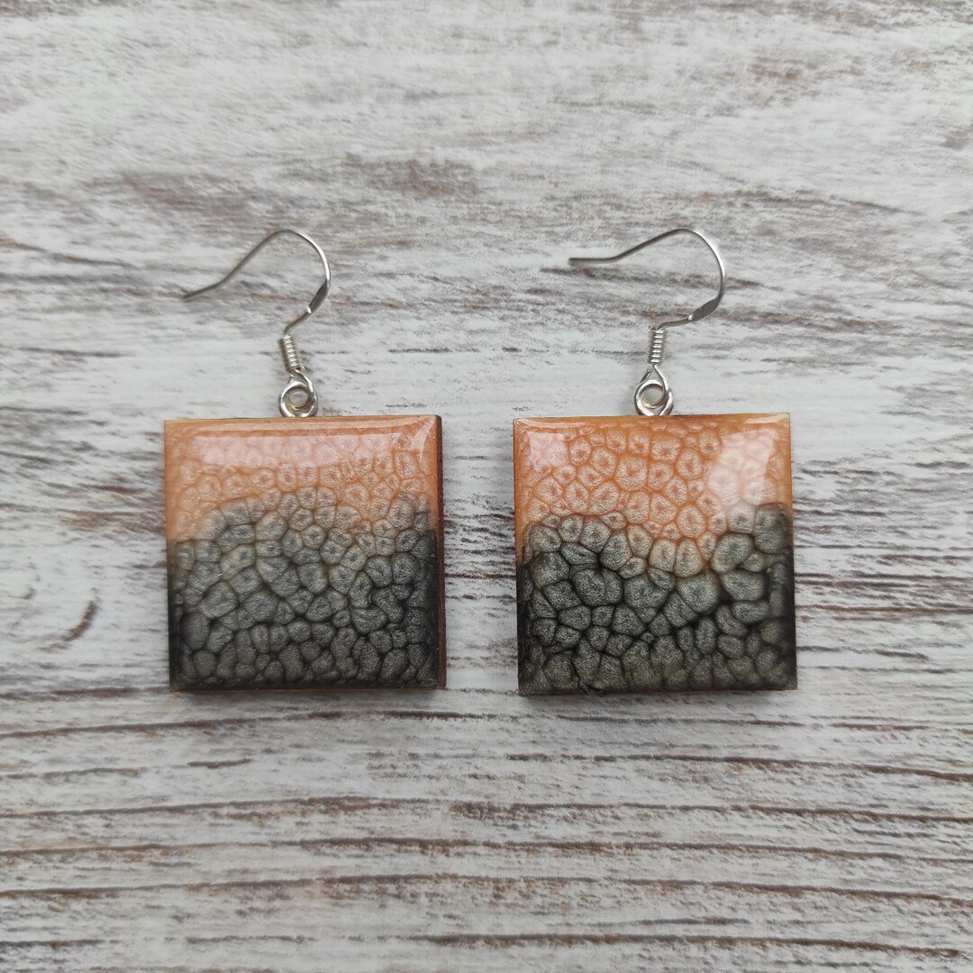 Handmade Wood Square Earrings | Salmon and Black Enameled - Etsy