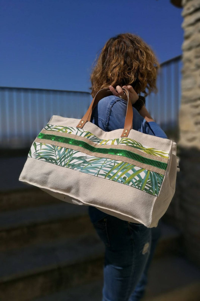 XXL tote bag Stick thick woven cotton canvas green sequin Etsy