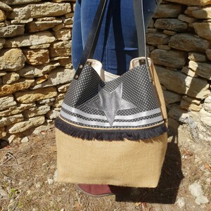 Sac Cabas Pois Chic, toile de jute, coton à pois et simili cuir image 4