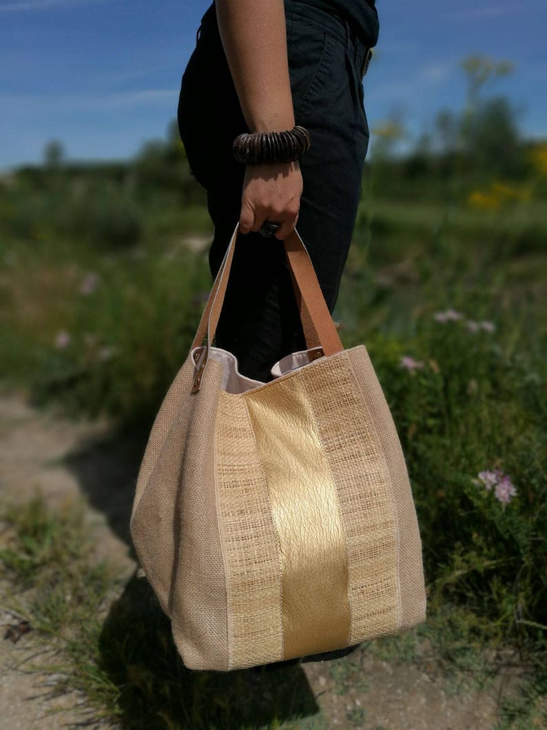 Sac Cabas Bling Toile de jute, rafia et simili cuir doré image 1