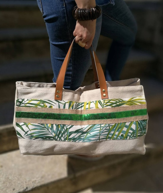 XXL tote bag Stick thick woven cotton canvas green sequin Etsy