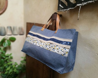 Sac Cabas XXL Blue - Toile de jean, lin imprimé, jute et sequin bleu - H30xL55xl21 cm