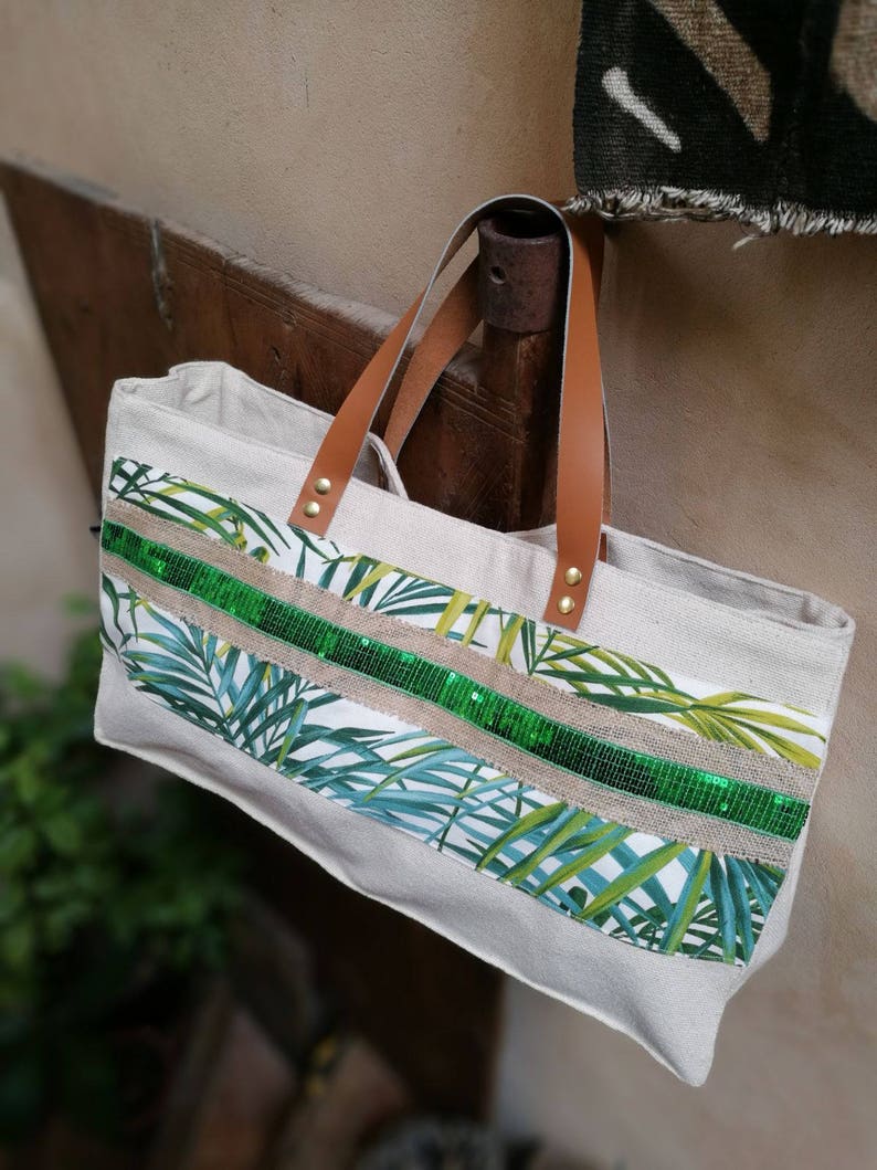XXL tote bag Stick thick woven cotton canvas green sequin Etsy