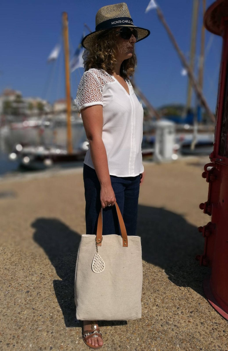 Tote bag Trapeze nude collection-cotton-blend canvas jute-Ecru-H40xL35 high bottom xl15 cm L31