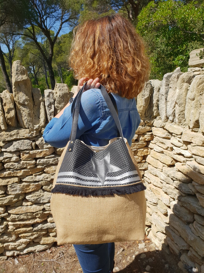 Sac Cabas Pois Chic, toile de jute, coton à pois et simili cuir image 3