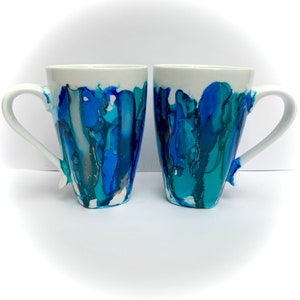 Alcohol Ink Pair of Mugs Blue & Turquoise