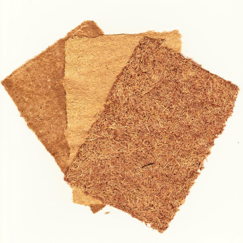 May include: Three textured, square pieces of handmade paper in varying shades of brown. The paper has a rough, fibrous appearance, with visible plant fibers. The colors range from light tan to a darker, reddish-brown, suggesting natural materials.
