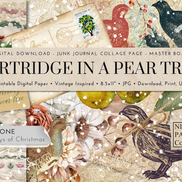 A Partridge in a Pear Tree, Junk Journal Collage Page, Digital Paper, Master Board, Ephemera, Vintage Inspired, Junk Journal Paper