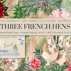 Três galinhas francesas, página de colagem do Junk Journal, papel digital efêmero, 12 dias de Natal, inspiração vintage
