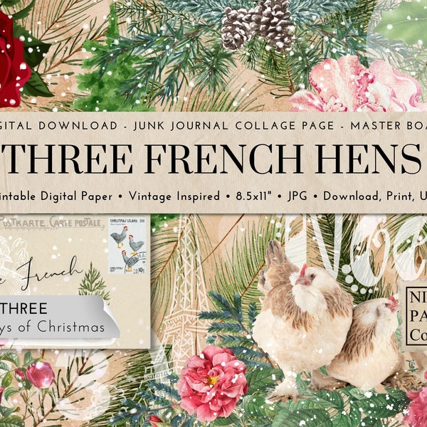 Three French Hens, Junk Journal Collage Page, Digital Ephemera Paper, 12 Days of Christmas, Vintage Inspired