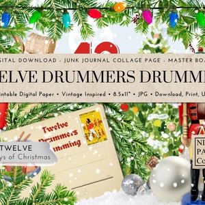 Twelve Drummers Drumming, Junk Journal Collage Page, Digital Ephemera Paper, 12 Days of Christmas, Vintage Inspired, Master Board