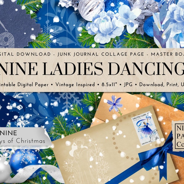 Nine Ladies Dancing, Junk Journal Collage Page, Digital Ephemera Paper, 12 Days of Christmas, Vintage Inspired, Master Board