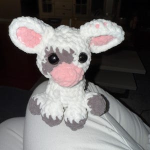 May include: A handmade crochet cow plushie. The cow is white with gray spots around the eyes and on the feet. The inner ears and nose are pink. The cow has large black eyes.