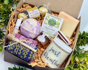 Just Breathe Gift Box, Soy Candle, Bath Bomb, Cozy Socks