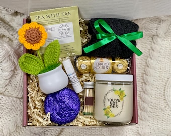 You Got This Spa Gift Box, Soy Candle, Crochet Flower, Wool Socks