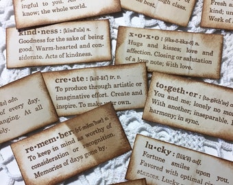 26 stamped definition embellishments for junk journals, card making, collage, ephemera. Stamped on tea-dyed paper or black on white paper