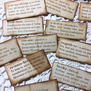 26 stamped definition embellishments for junk journals, card making, collage, ephemera. Stamped on tea-dyed paper or black on white paper